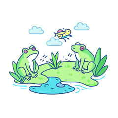 frogs by pond vector icon, spring vector illustration - simple illustration of frogs by pond perfect for logos, and spring -themed designs.