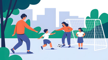 An engaging illustration of a family playing soccer, with parents and children actively enjoying the game on a lush green field, showcasing teamwork and fun. 