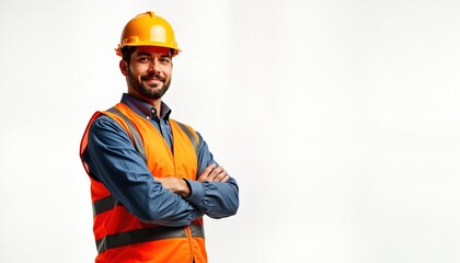 Confident engineer in safety vest, hard hat. Professional portrait against transparent background. Man looks directly at camera. Image suitable for construction company, engineering firm safety