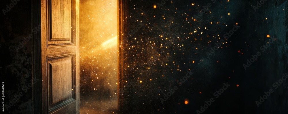 Poster light streaming through an open door in a dark room, illuminating dust particles and creating a myst