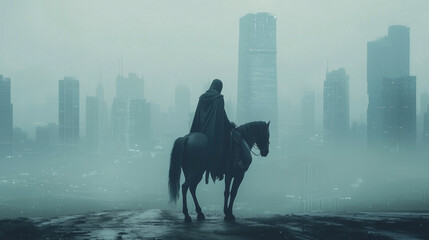 A hooded figure on horseback gazes at a futuristic city skyline shrouded in mist, evoking mystery and solitude