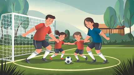 Obraz premium An engaging illustration of a family playing soccer, with parents and children actively enjoying the game on a lush green field, showcasing teamwork and fun. 