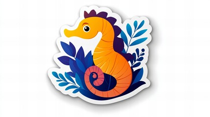 Adorable cartoon seahorse nestled amongst vibrant blue foliage. A cheerful underwater scene!