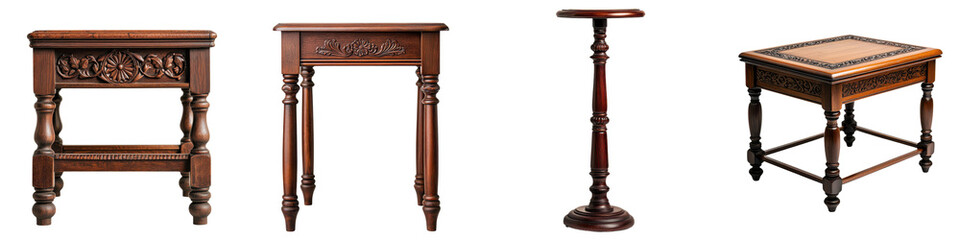 A collection of intricately carved antique wooden furniture pieces such as tables desks and stands displayed in a classic elegant setting like a museum or library