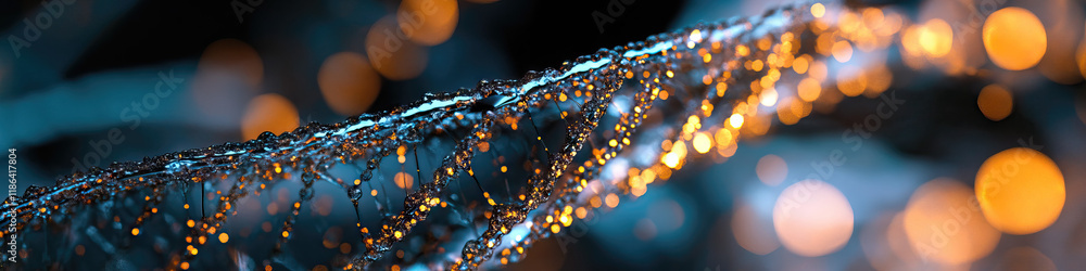 Poster digital rendering of dna double helix with teal and amber lighting