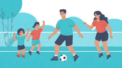 An engaging illustration of a family playing soccer, with parents and children actively enjoying the game on a lush green field, showcasing teamwork and fun. 