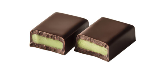 Two chocolate bars, one with a green exterior and the other in a dark brown color， isolated on transparent png or white background