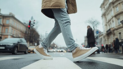 City Stroll: Close-up view of a person's legs walking across a pedestrian crossing in a bustling city street on a cloudy day. The focus is on the beige sneakers and grey jeans.