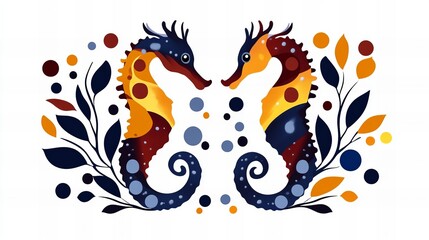 Two whimsical seahorses face each other, adorned with vibrant colors and surrounded by stylized leaves and dots.
