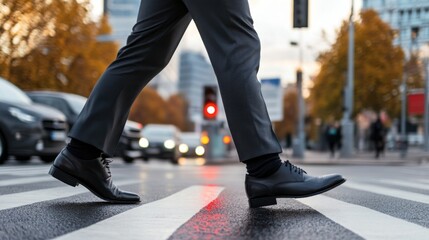 Fototapeta premium A Businessman's Stroll: A close-up view of a businessman's feet, clad in black leather shoes, as he confidently strides across a city crosswalk.