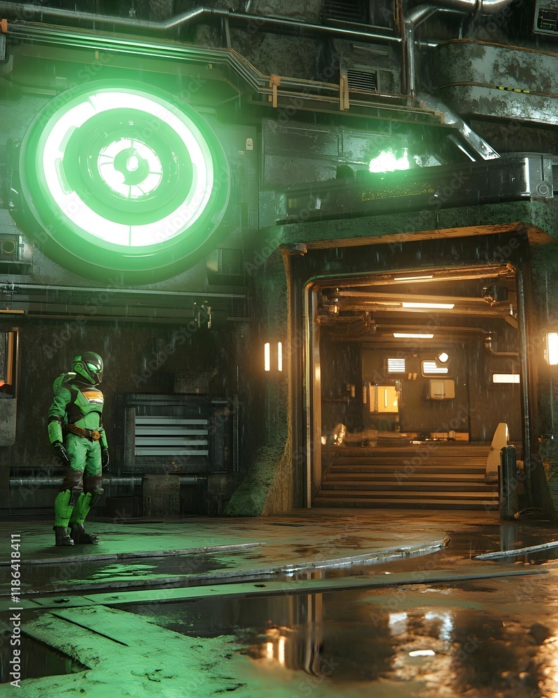 Poster a futuristic scene featuring a character in a high-tech environment with glowing elements.