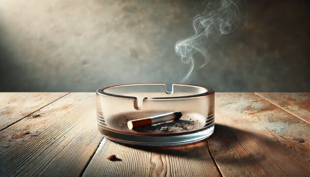 A realistic depiction of a glass ashtray with a single cigarette inside.