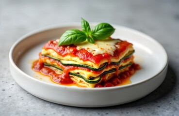 Appetizing zucchini lasagna on white plate. Layered zucchini slices with tomato sauce, cheese. Fresh basil garnish. Modern ceramic plate on grey background. Delicious homemade dish. Italian cuisine.