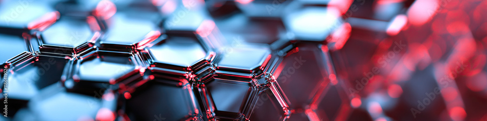 Poster interconnected hexagonal structures in blue and red