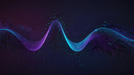 An abstract art piece illustrating shaking frequencies. A gradient background transitions from deep purple to electric blue, with sharp, zig-zagging waves and translucent orbs pulsating outward, repre