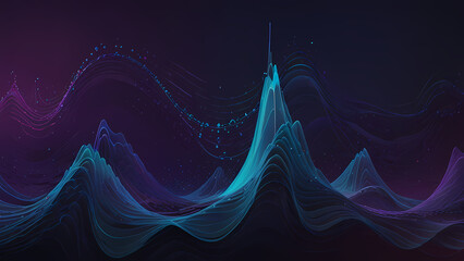 An abstract art piece illustrating shaking frequencies. A gradient background transitions from deep purple to electric blue, with sharp, zig-zagging waves and translucent orbs pulsating outward, repre