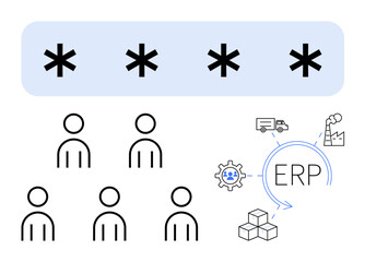 Four asterisks six simple human silhouettes ERP icon with gear factory truck, boxes. Ideal for business, security, team management, logistics, supply chain, technology, automation. Line metaphor