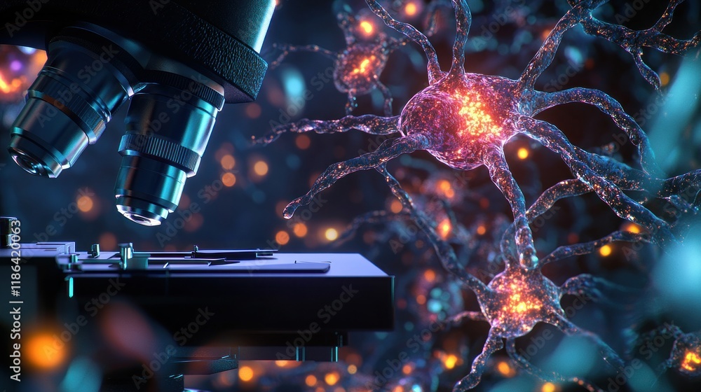 Poster microscopic view of neuron network under a microscope