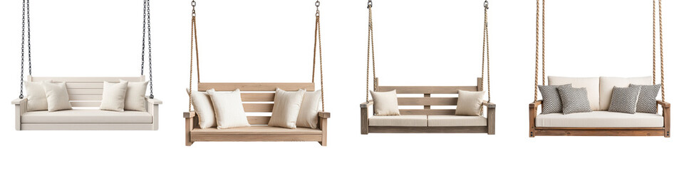 Cozy wooden swing chairs hanging on a porch offering a peaceful and serene outdoor retreat for relaxation and leisure The swings provide a comfortable and inviting space to unwind