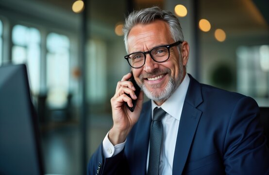 Mature businessman in modern office setting speaks on phone. Appears pleased with positive work results. Successful entrepreneur enjoys successful communication. Formal business environment. - Powered by Adobe