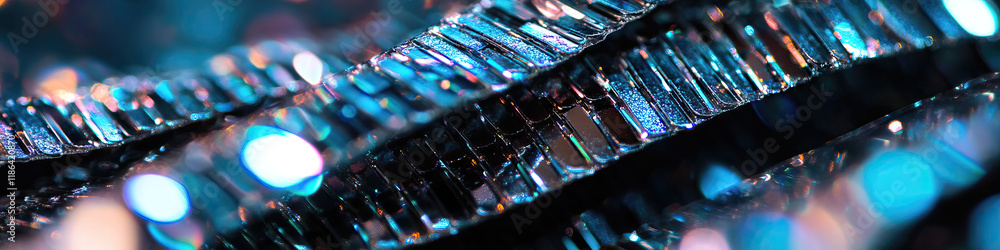 Poster close-up photograph of layered iridescent rectangular structures