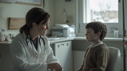 Fototapeta premium Doctor and Child Consultation: A doctor, with a reassuring smile, sits across from a young boy in an examination room, fostering a sense of trust and comfort during a medical consultation.