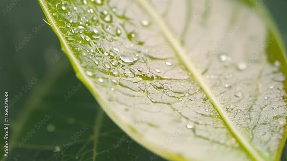 Poster rotating macro video of a leaf with intricate detail illuminated in a soft light, focus on texture a