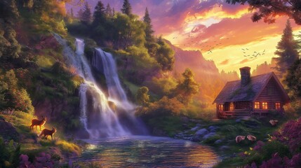 Fototapeta premium Majestic Sunset in a Village with Animals Under a Waterfall, Golden Sunset Illuminating the Village and Cascading Waterfall. Serene Village Sunset with Wildlife Under a Flowing Waterfall. Landscape