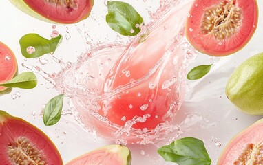 A luscious guava juice stream swirling in mid-air, accompanied by sliced guavas on a pristine white background