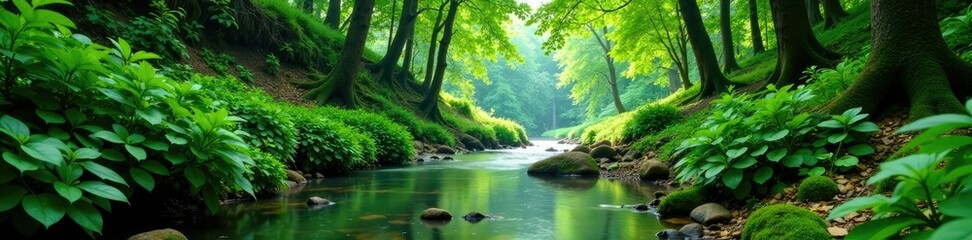 lush green forest surrounding a peaceful stream, stream, forest