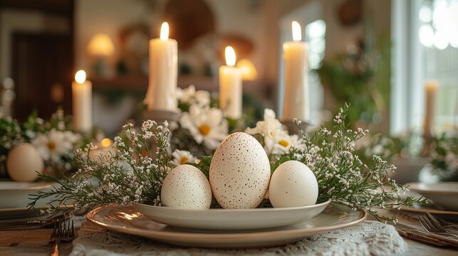 A stock image captures beautifully decorated Easter eggs, adorned with flowers, arranged on a plate against a backdrop of candles - Powered by Adobe