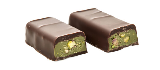 Two chocolate bars, one with a green exterior and the other in a dark brown color， isolated on transparent png or white background