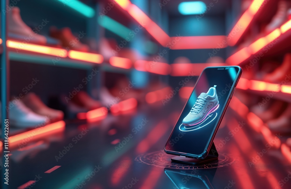 Poster futuristic mobile shoe shopping experience. digital display on phone shows 3d shoe model. modern onl