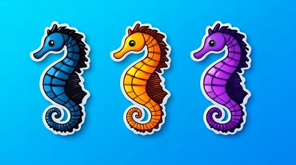 Fototapeta premium Three cartoon seahorses in blue, orange, and purple, playfully arranged against a bright blue background. Fun, vibrant colors!