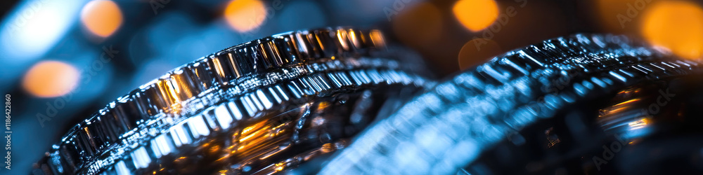 Poster close-up photograph of interlocking metallic gears with bokeh background