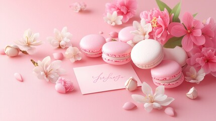 Delicate pink macarons with spring flowers and a greeting card