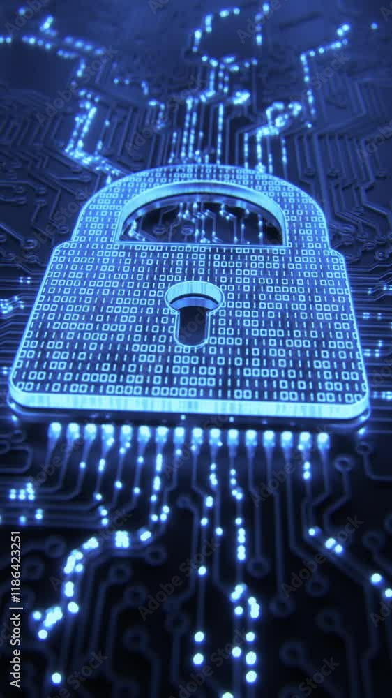 Poster digital security hologram of virtual lock icon on circuit board. concept of finance data privacy and