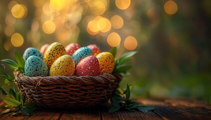 Colorful Easter eggs nestled on a wooden table against a blurred background