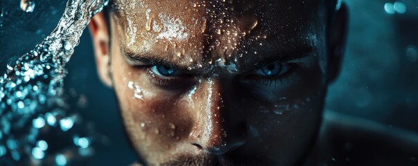 Male portrait with intense expression, water droplets on face, shark close up, contrasting emotions, dramatic lighting, concept of danger and intrigue, underwater