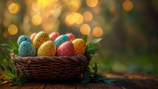 Colorful Easter eggs nestled on a wooden table against a blurred background