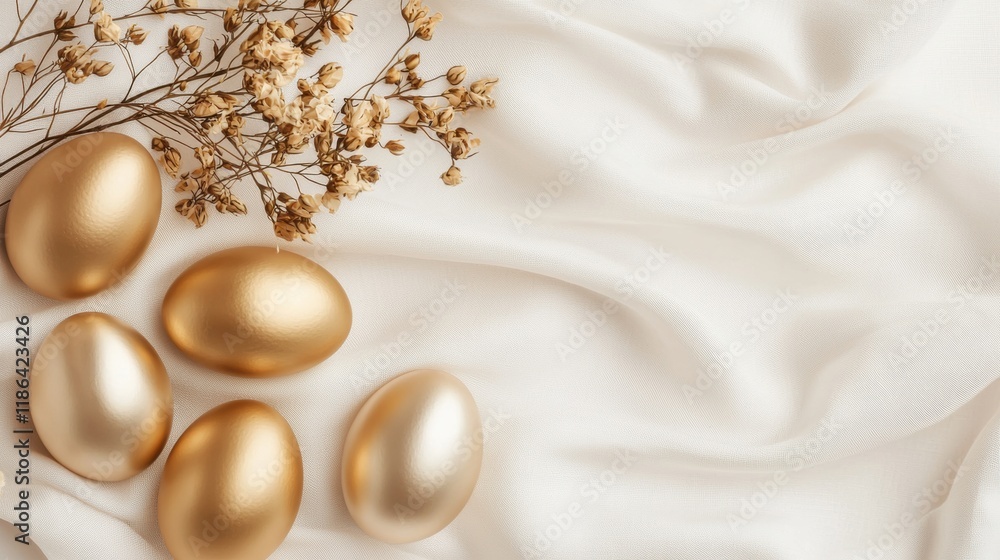 Wall mural Elegant golden eggs on a textured white fabric backdrop