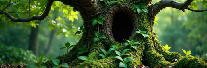 Fototapeta premium Overgrown vines and moss entwine a tree's trunk to form a cozy nest, wilderness, vines