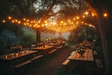 An enchanting outdoor wedding reception illuminated by string lights at twilight.