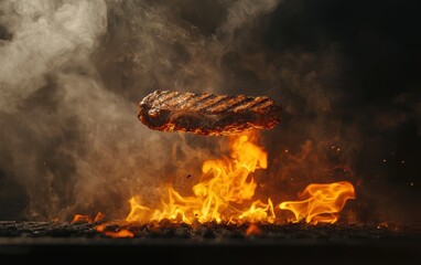 Naklejka premium A sizzling steak with grill marks mid-air, surrounded by smoke and flames on a dark charcoal background