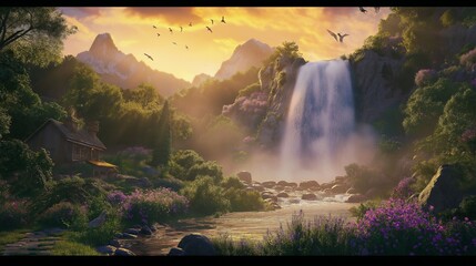 Majestic Sunset in a Village with Animals Under a Waterfall, Golden Sunset Illuminating the Village and Cascading Waterfall. Serene Village Sunset with Wildlife Under a Flowing Waterfall. Landscape