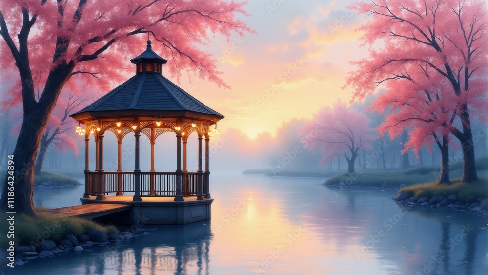 Poster the image is a beautiful landscape of a lake with a gazebo in the center. the lake is surrounded by 