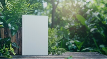 A Blank Note Book Placed on a Wooden Table Surrounded by Lush Green Plants in a Relaxing Outdoor Environment, Perfect for Nature Inspired Creativity and Writing
