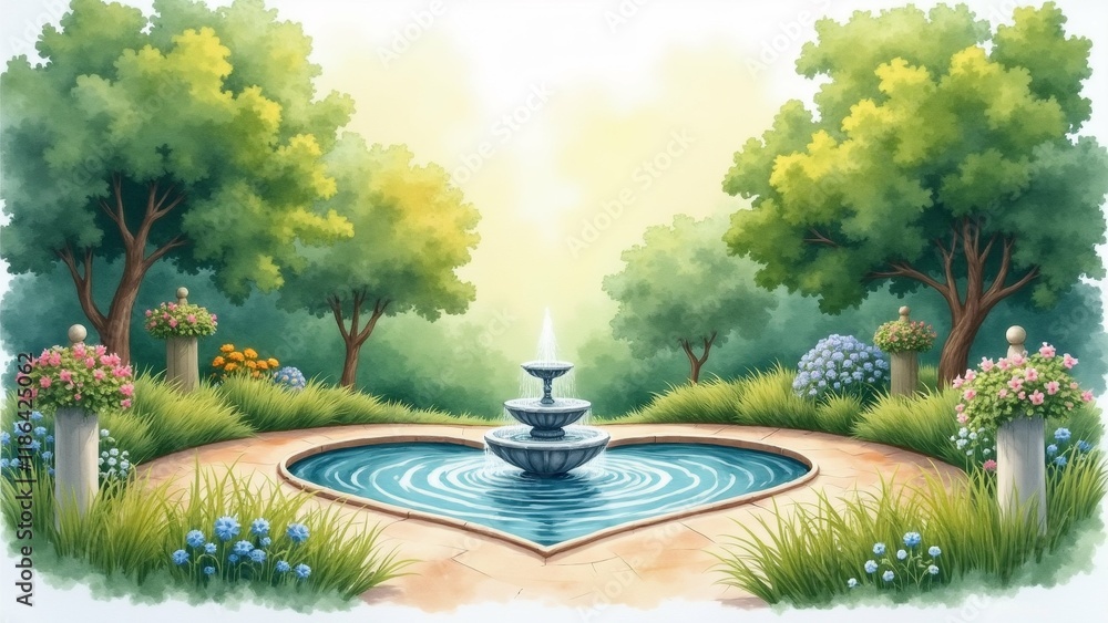 Poster the image is a digital illustration of a beautiful garden with a fountain in the center. the fountai