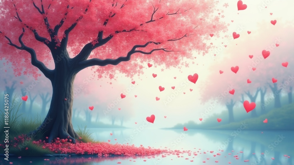 Poster the image is a digital illustration of a beautiful landscape with a large tree on the left side of t