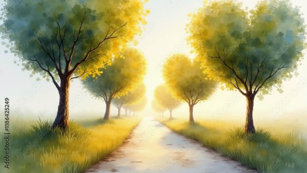 Poster the image is a digital illustration of a pathway lined with trees on either side. the trees are tall